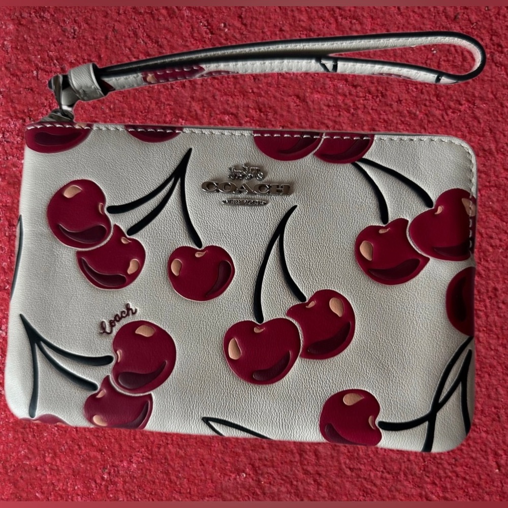 COACH Corner Zip Cherry Print/Chalk Smooth Leather Wristlet - SOLD OUT   NWT